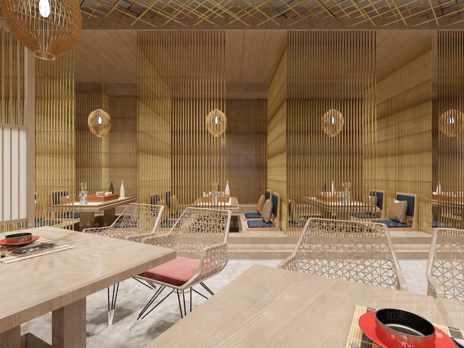 中式竹编元素主题餐厅3D模型下载【ID:384268069】