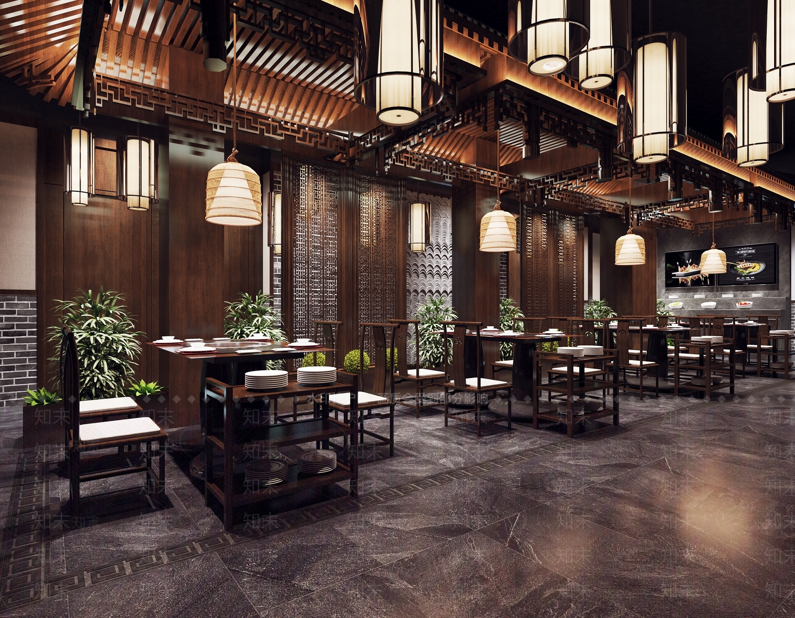 新中式餐饮大厅3d模型下载【id:384274420】