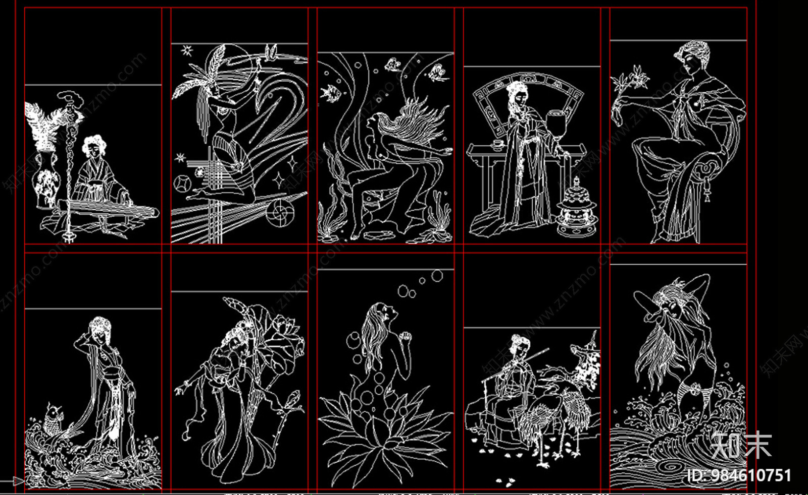 中式古代仕女图施工图下载【ID:984610751】