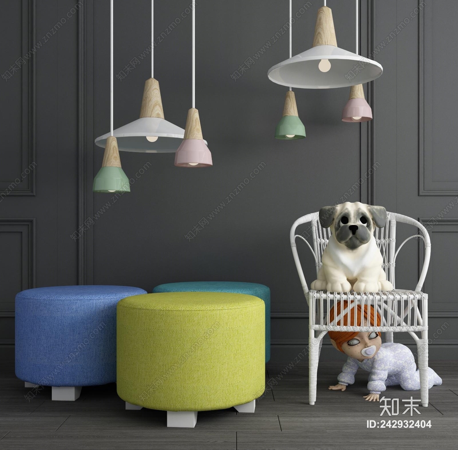 北欧儿童休闲椅吊灯婴儿小狗组合3D模型下载【ID:242932404】