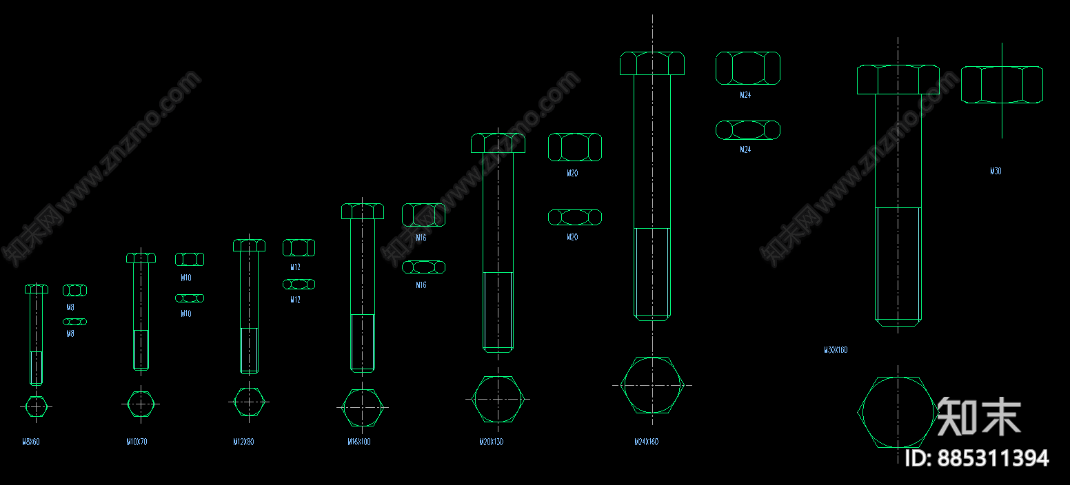 螺栓cad施工图下载【ID:885311394】