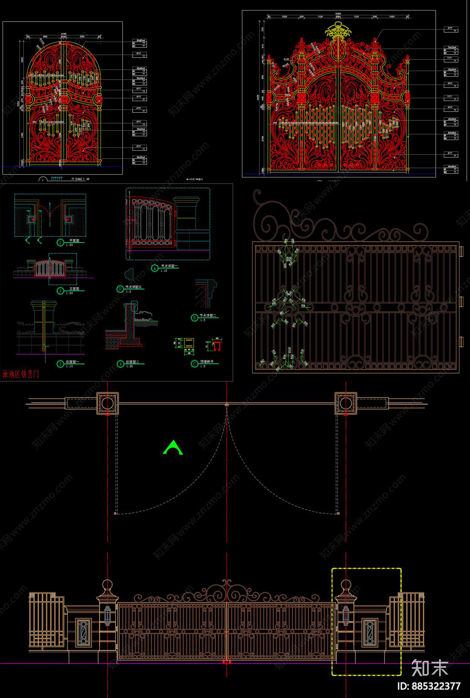 欧式铁艺大门CAD图纸施工图下载【ID:885322377】