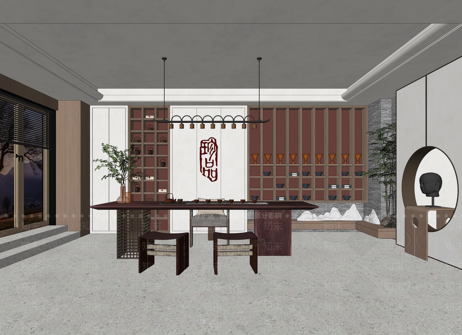 新中式风格茶室SU模型下载【ID:985428382】