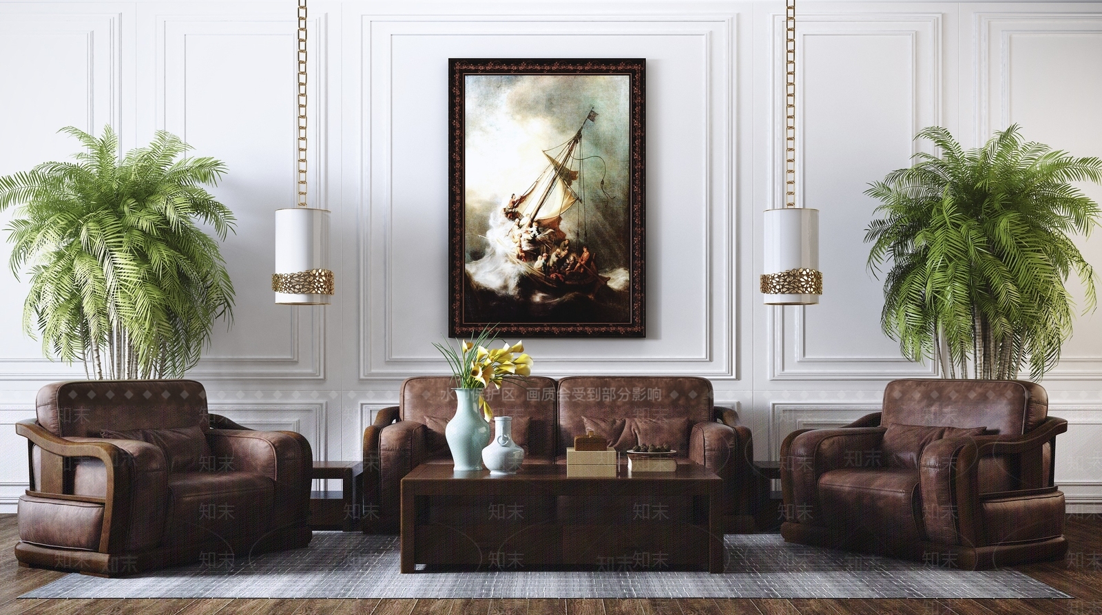 美式实木沙发茶几组合3D模型下载【ID:385437391】