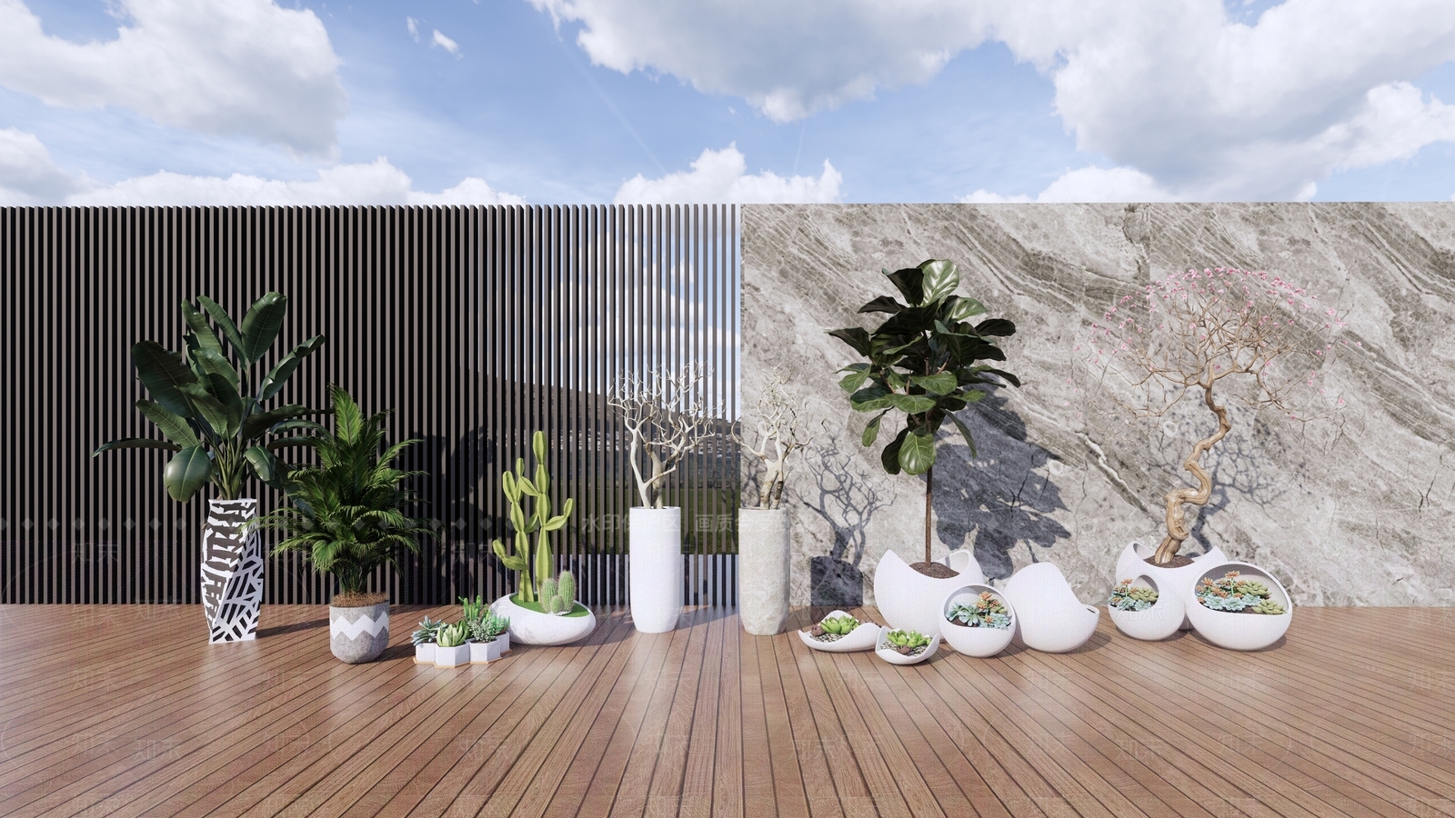 现代盆栽花钵组合SU模型下载【ID:185439843】