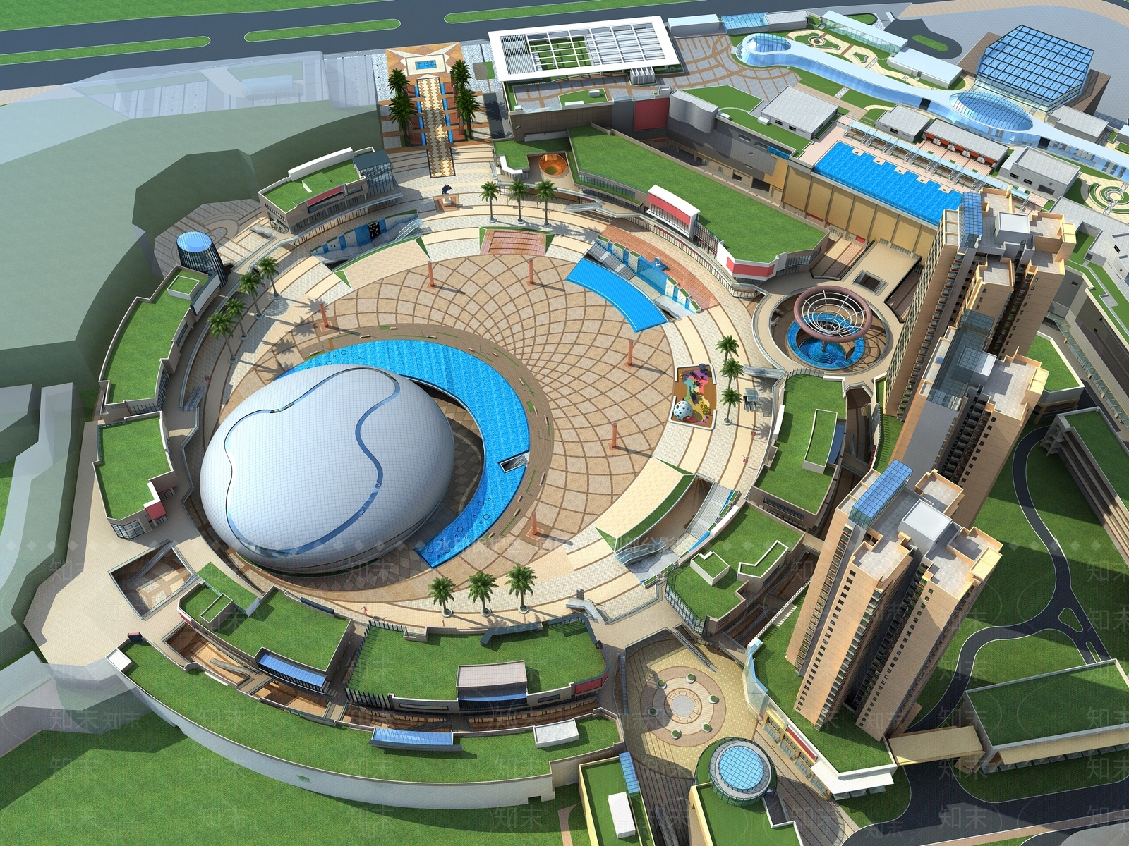 现代商业广场鸟瞰规划3D模型下载【ID:885509983】