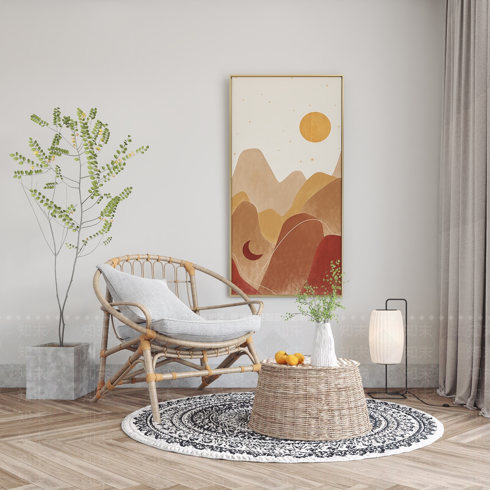 北欧单椅边几组合3D模型下载【ID:985697824】