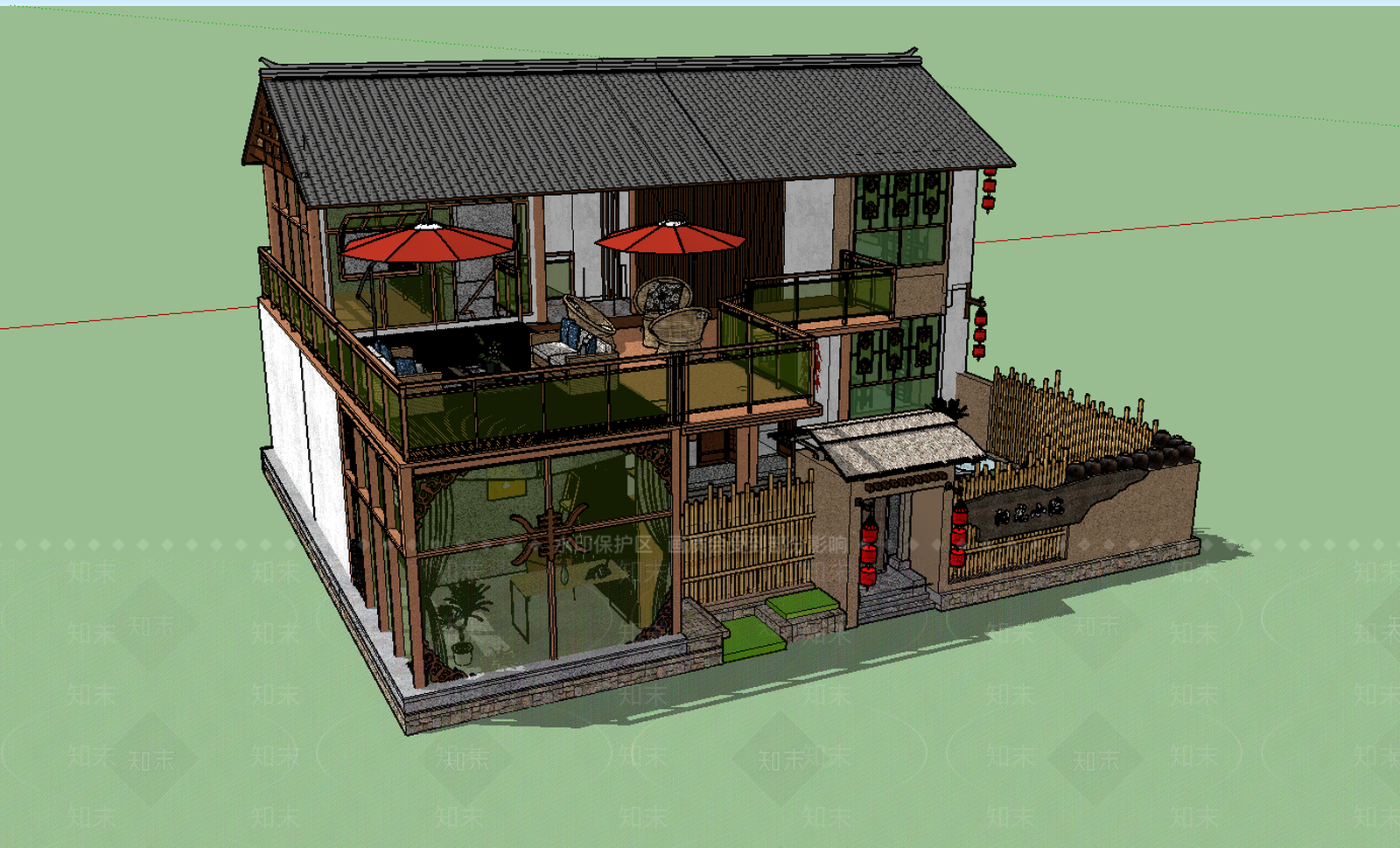 中式乡村别墅SU模型下载【ID:185779095】