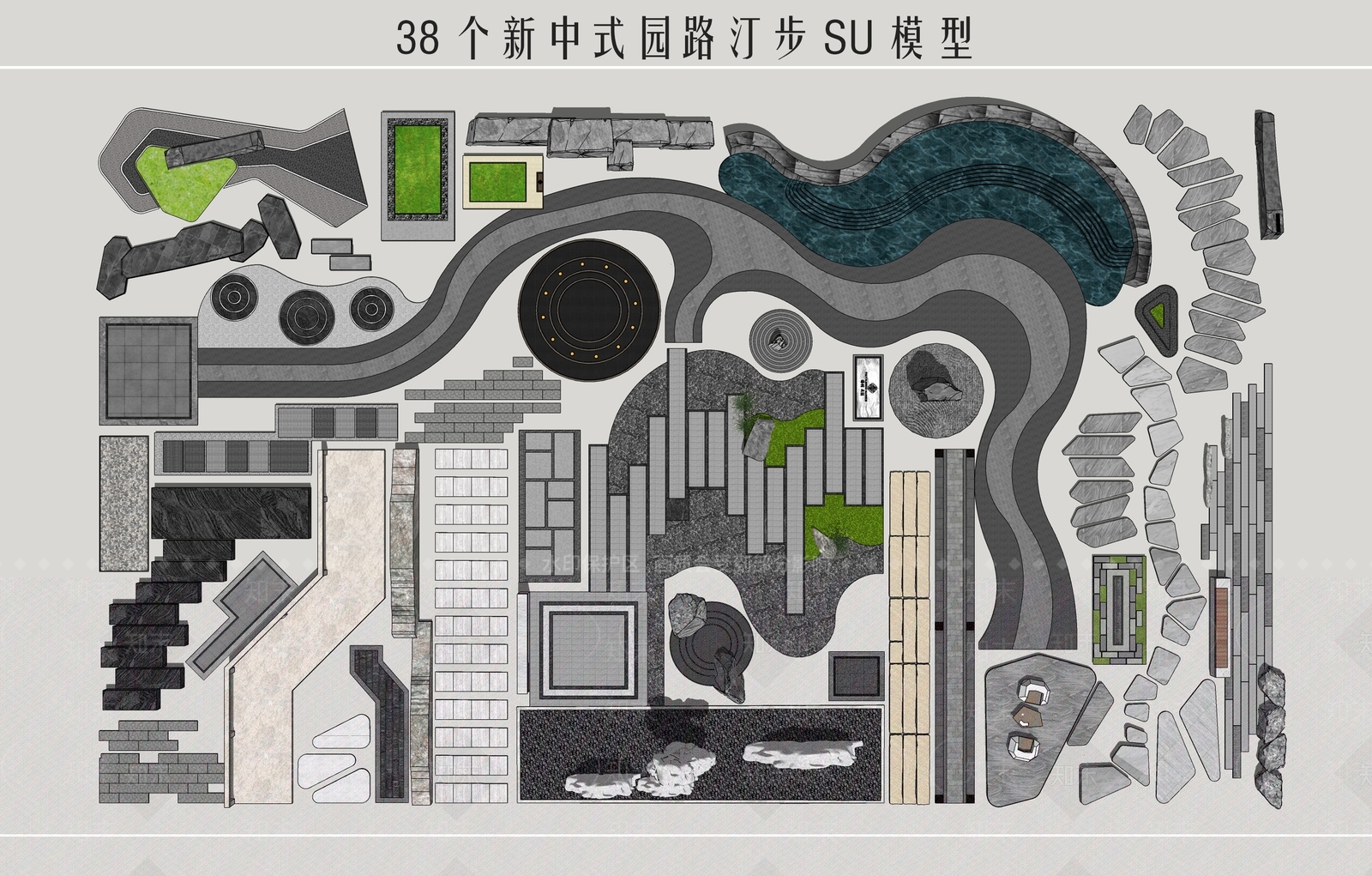 新中式园路汀步SU模型下载【ID:385794336】