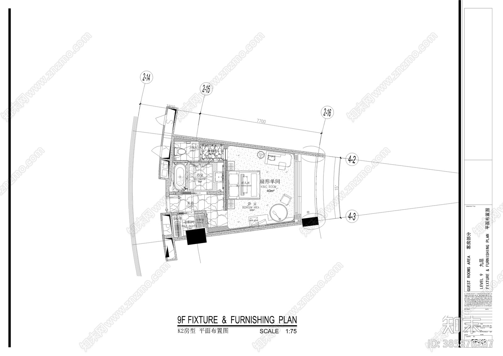 现代酒店单人客房样板间施工图下载【ID:385876287】