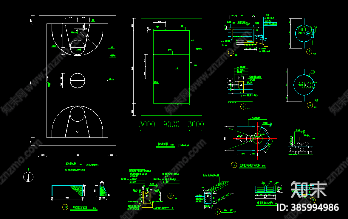 蓝球场排球场施工图下载【ID:385994986】