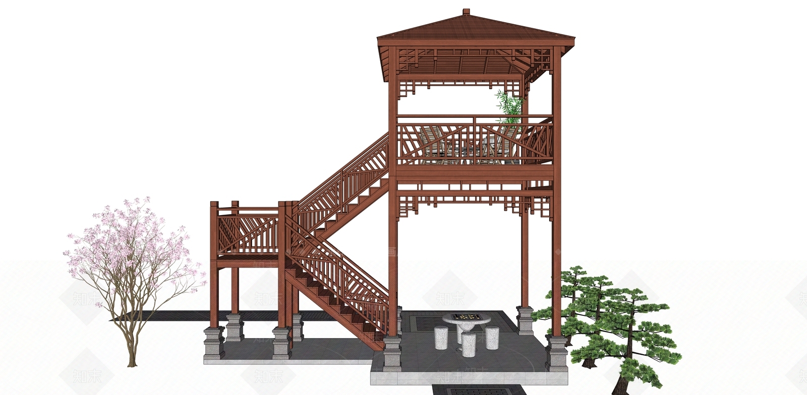 中式防腐木亭子SU模型下载【ID:486001808】