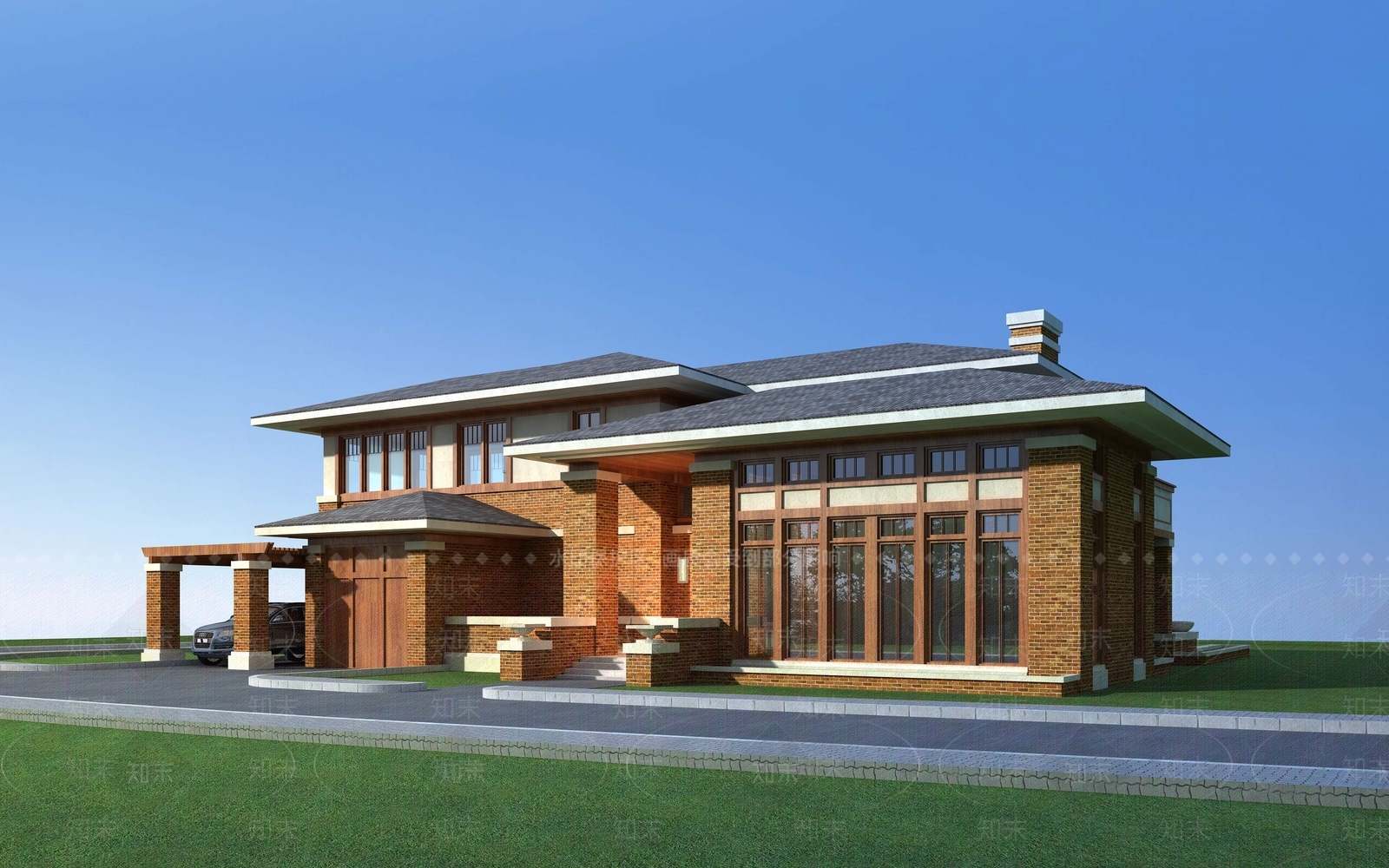 新古典风格独栋别墅外观3D模型下载【ID:986126826】