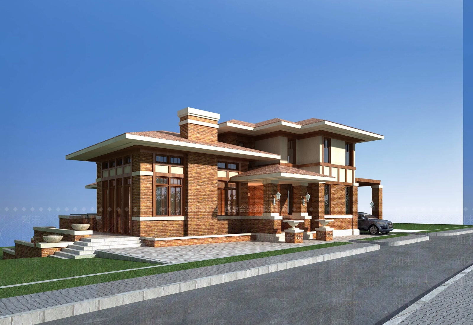 新古典风格独栋别墅外观3D模型下载【ID:986126829】