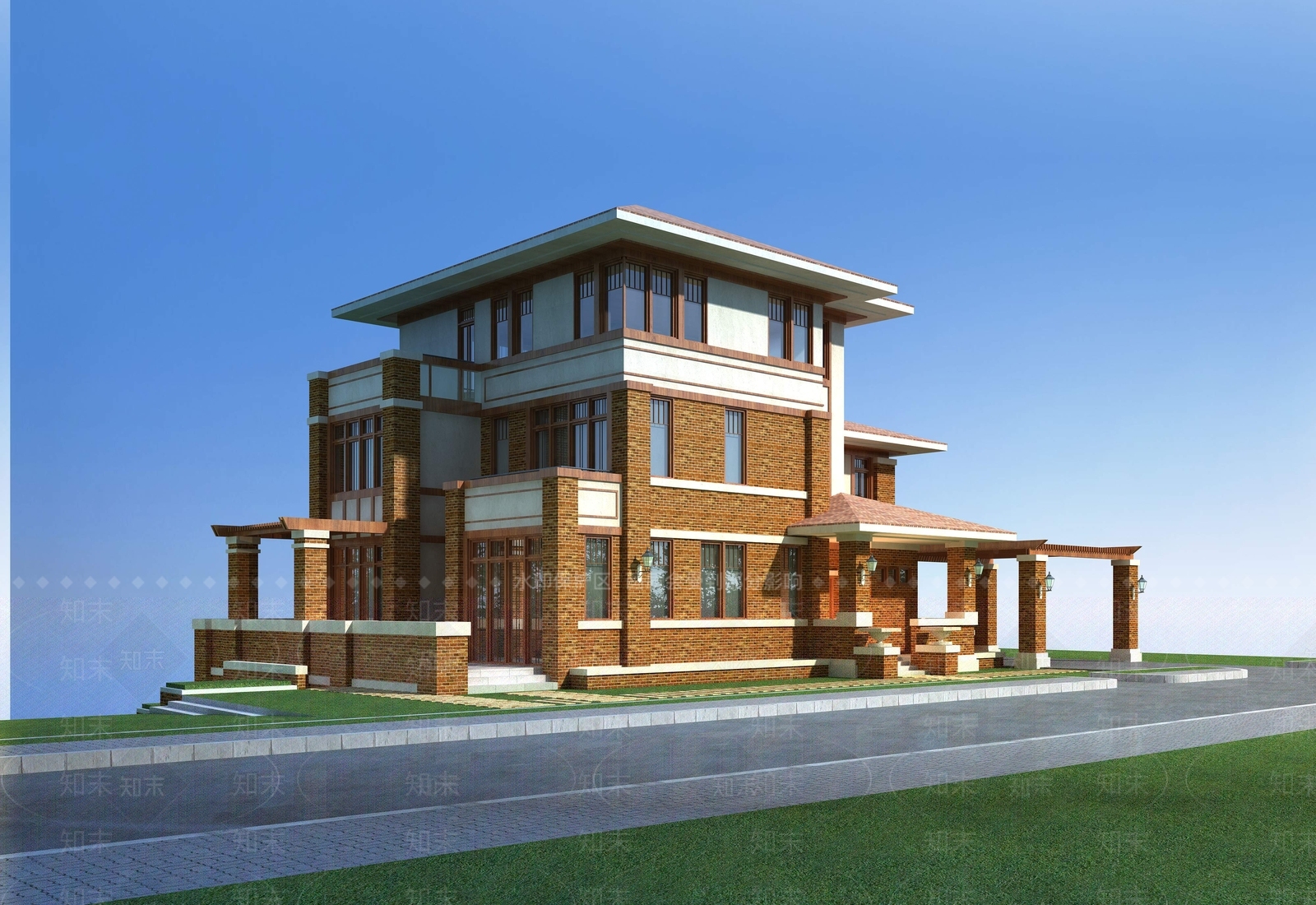 新古典风格独栋别墅外观3D模型下载【ID:986126831】