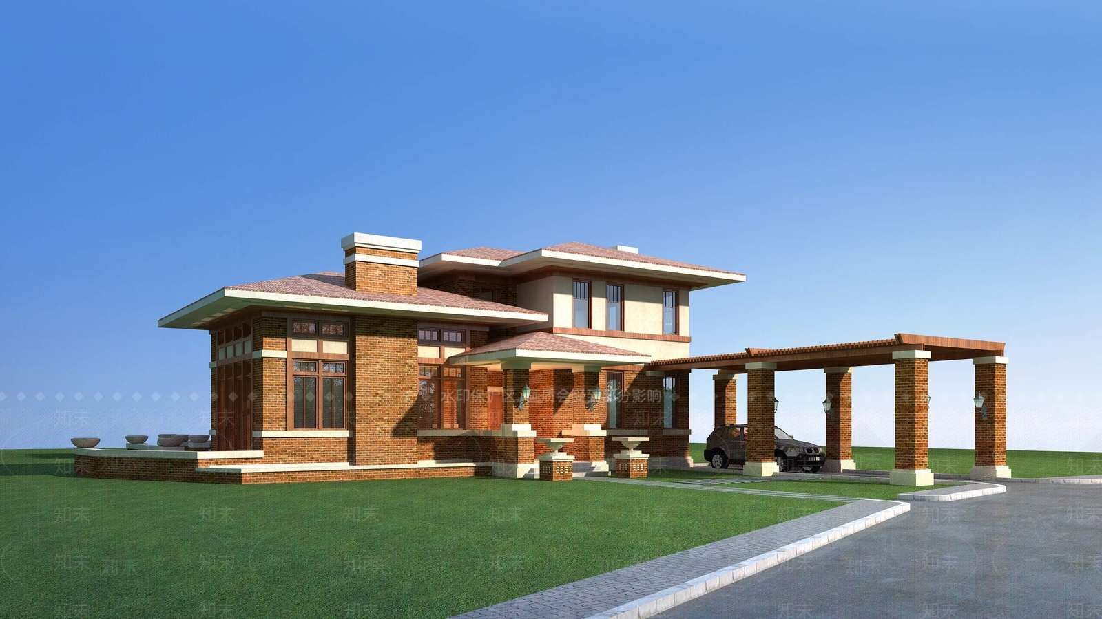 新古典风格独栋别墅外观3D模型下载【ID:986126860】