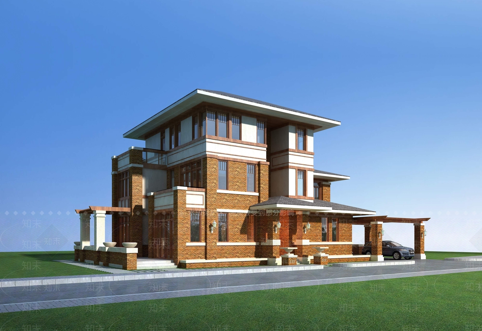 新古典风格独栋别墅外观3D模型下载【ID:986126863】