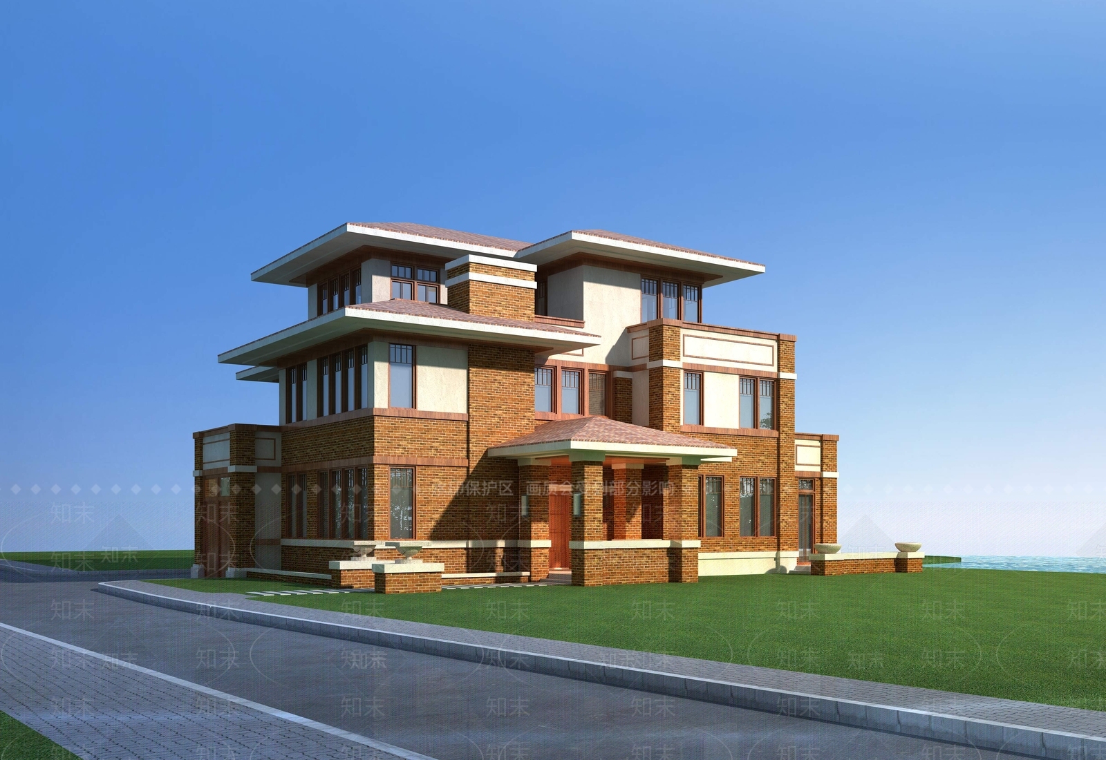 新古典风格独栋别墅外观3D模型下载【ID:986126885】