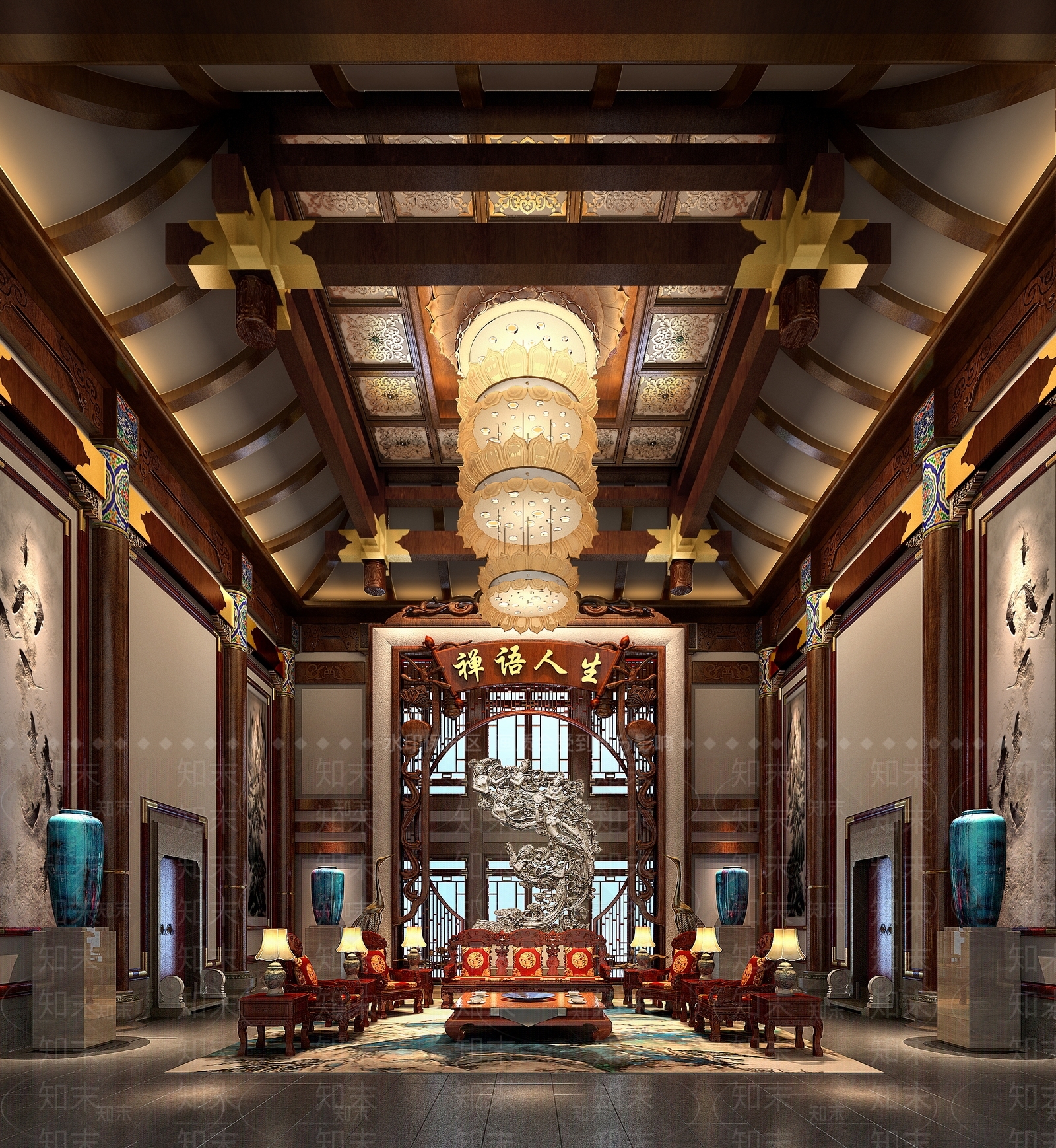 中式酒店大堂3d模型下载【id:486129282】