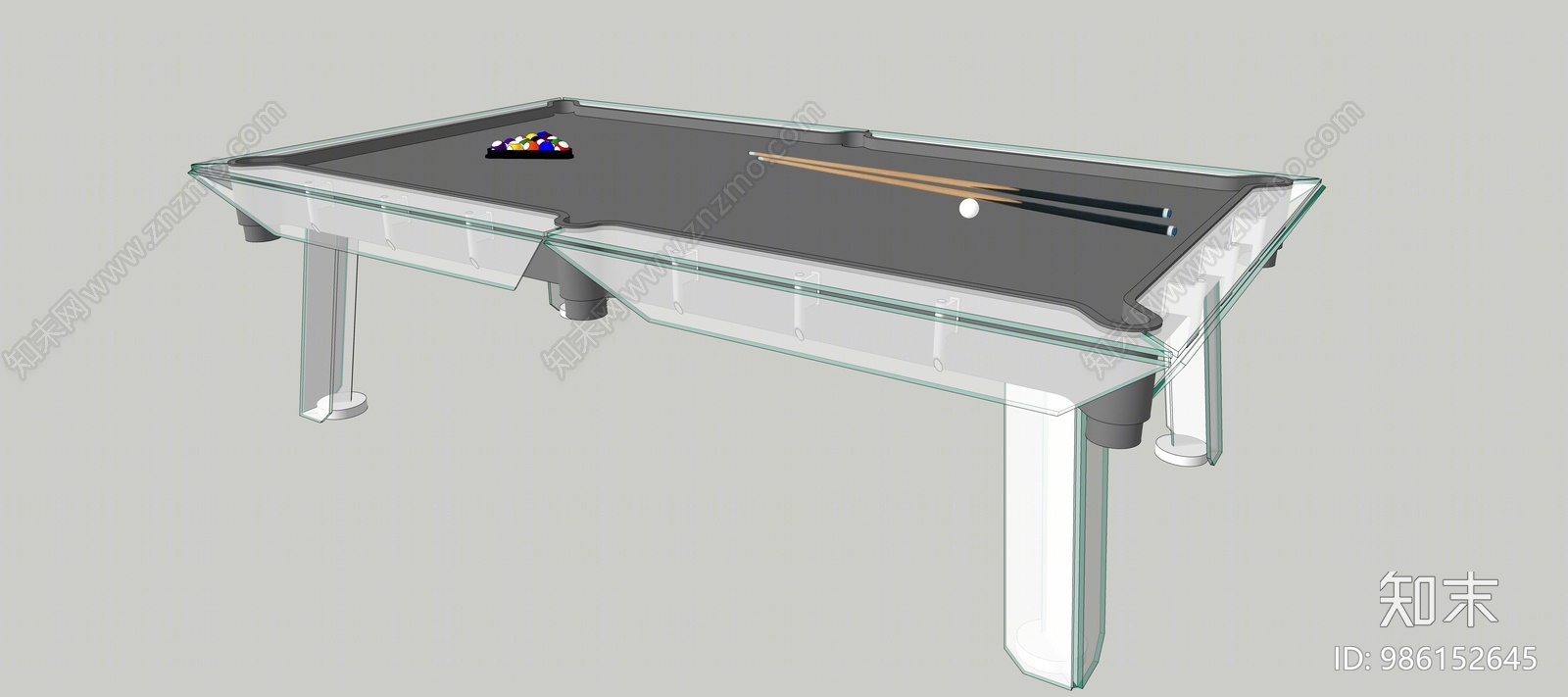 现代透明钢化玻璃台球桌SU模型下载【ID:986152645】