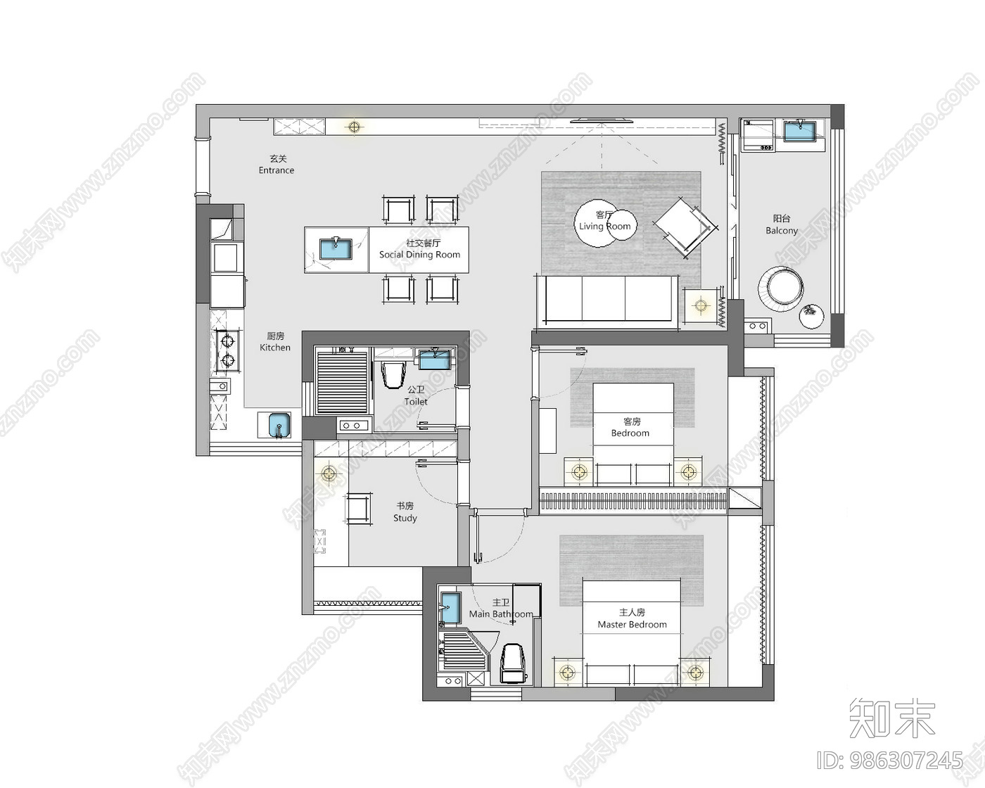 现代住宅设计cad施工图下载【ID:986307245】