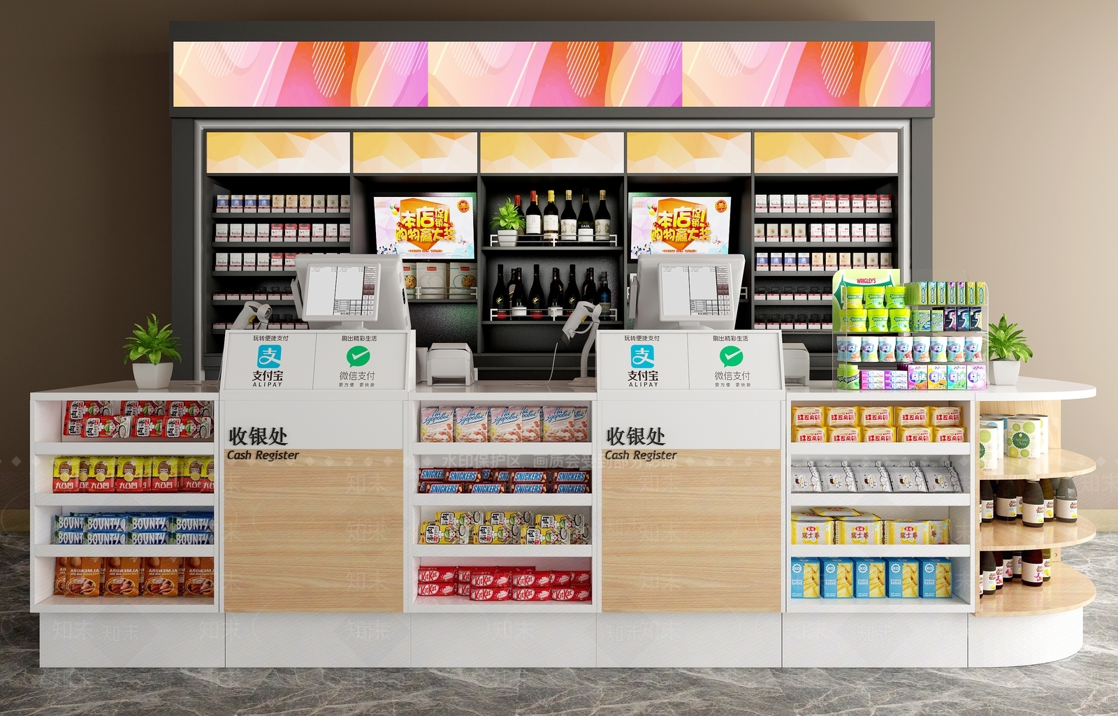 现代超市收银台货柜3D模型下载【ID:586385342】