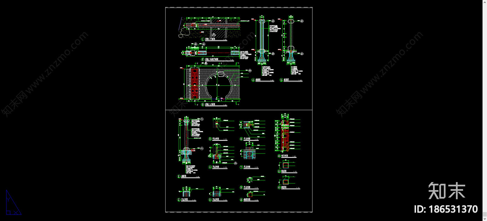 仿古青砖景墙施工图下载【ID:186531370】