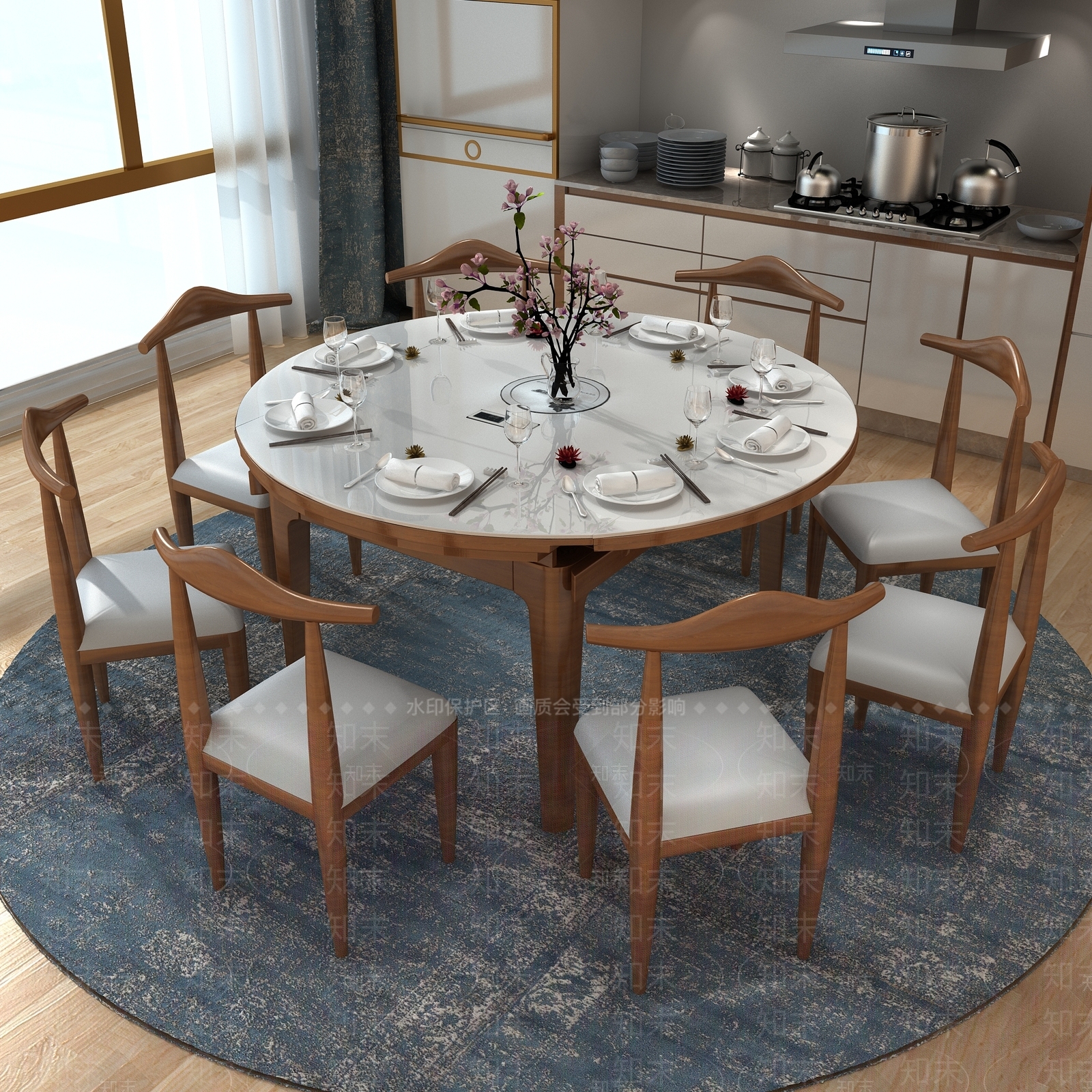 北欧多人圆形餐桌椅组合3D模型下载【ID:186650374】