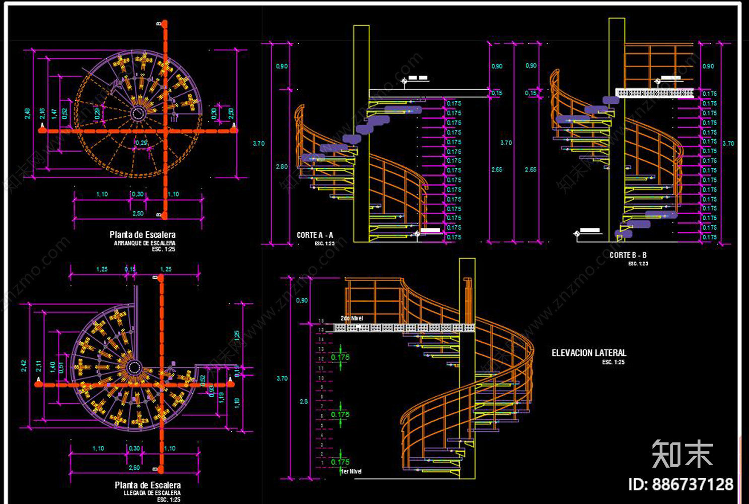 旋转楼梯施工图下载【ID:886737128】