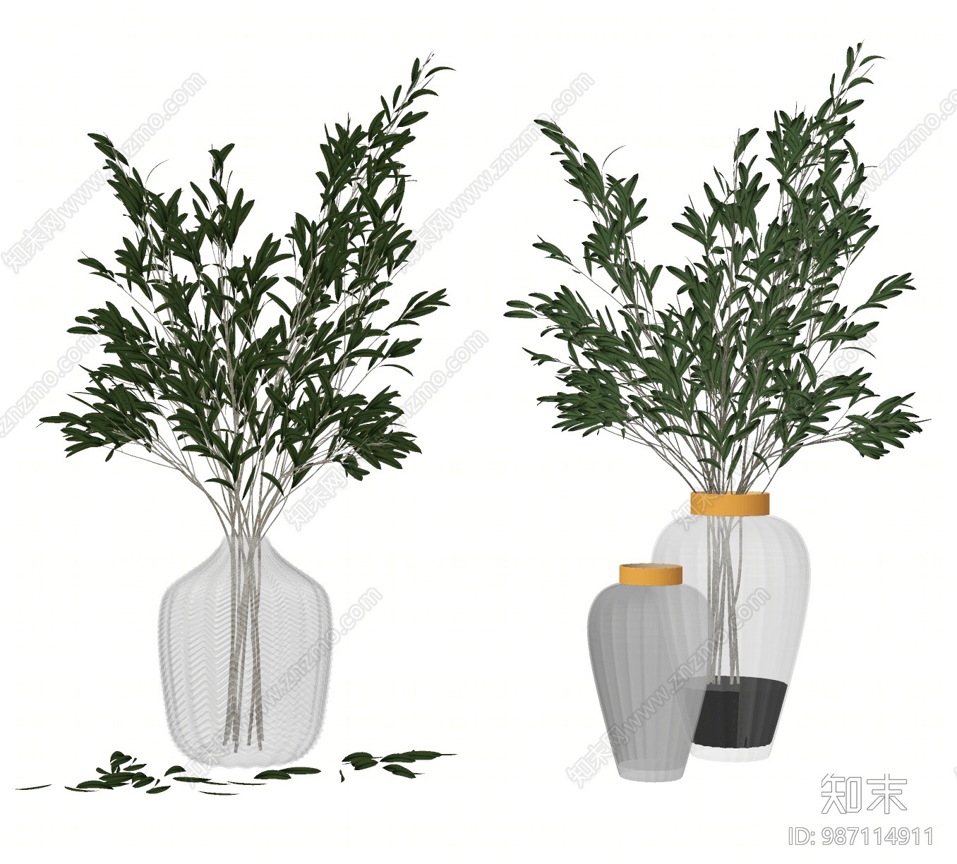 现代绿植花瓶玻璃花瓶插花水生植物su模型 Id 知末su模型网