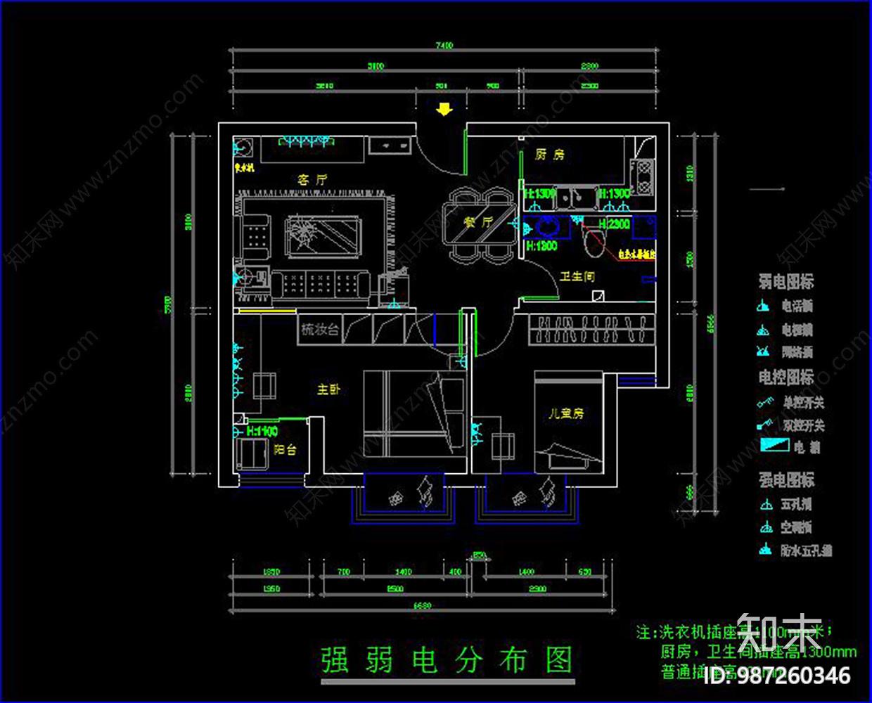 现代家装客厅cad施工图下载【ID:987260346】