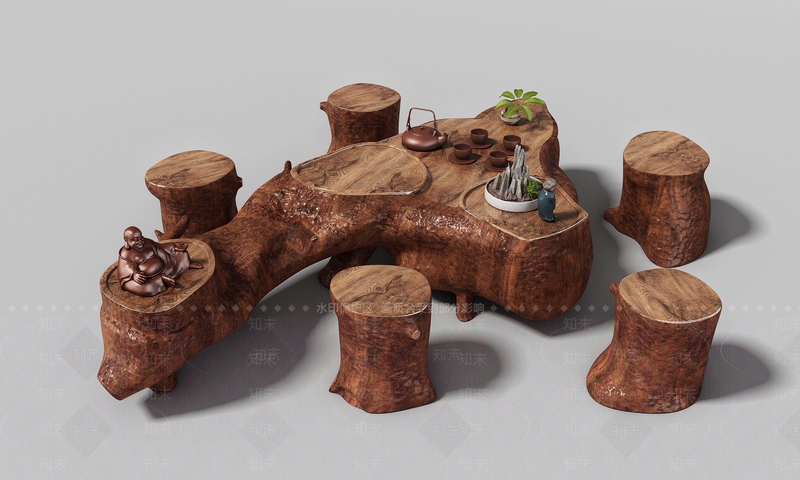 新中式根雕茶桌椅组合3D模型下载【ID:987824609】