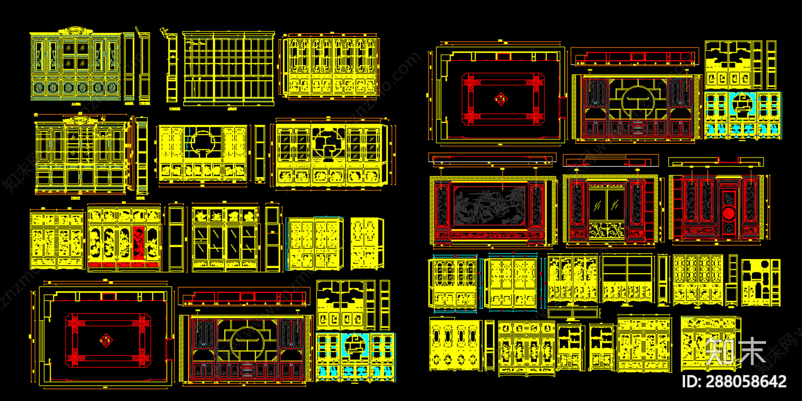 中式装饰柜cad施工图下载【ID:288058642】