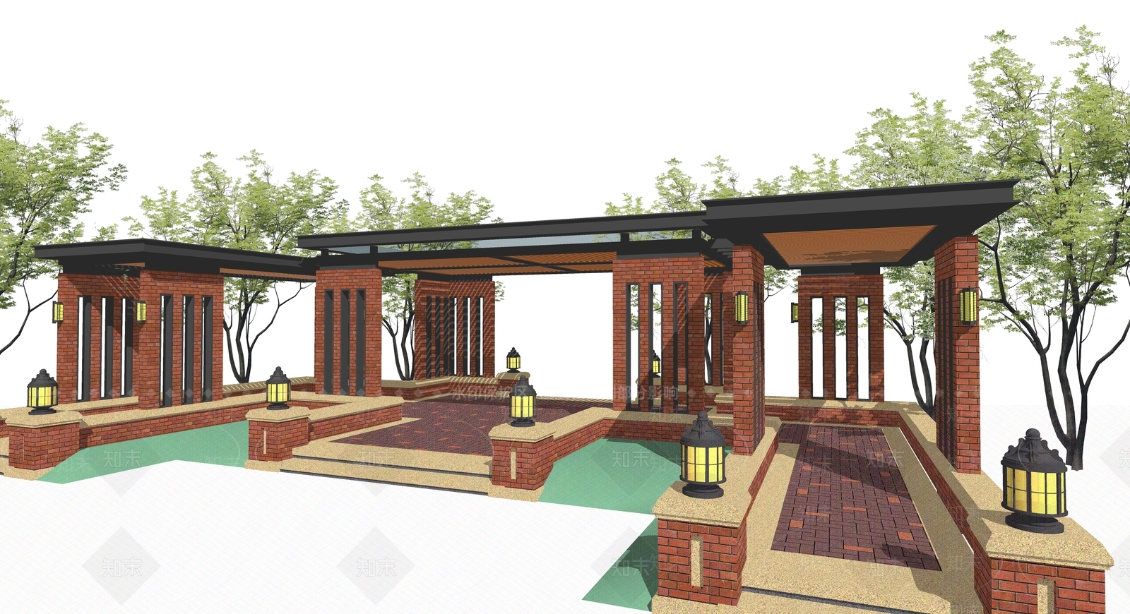 新古典红砖景观廊架SU模型下载【ID:488124740】