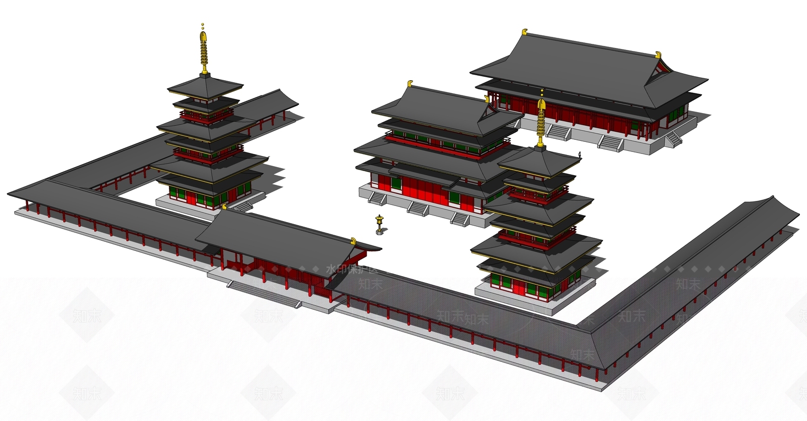 中式古建筑外观SU模型下载【ID:888153489】