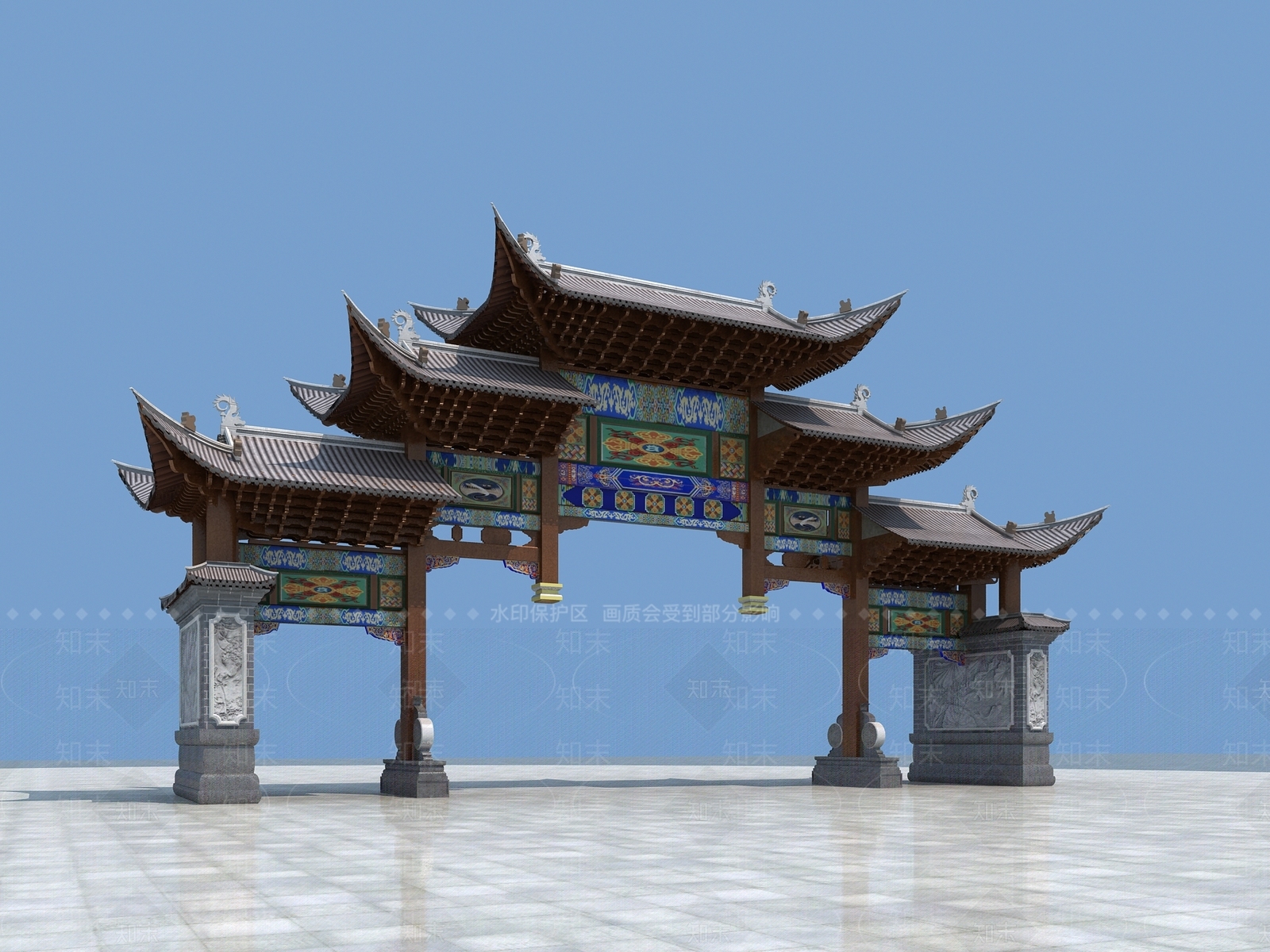中式牌楼牌坊3D模型渲染效果图