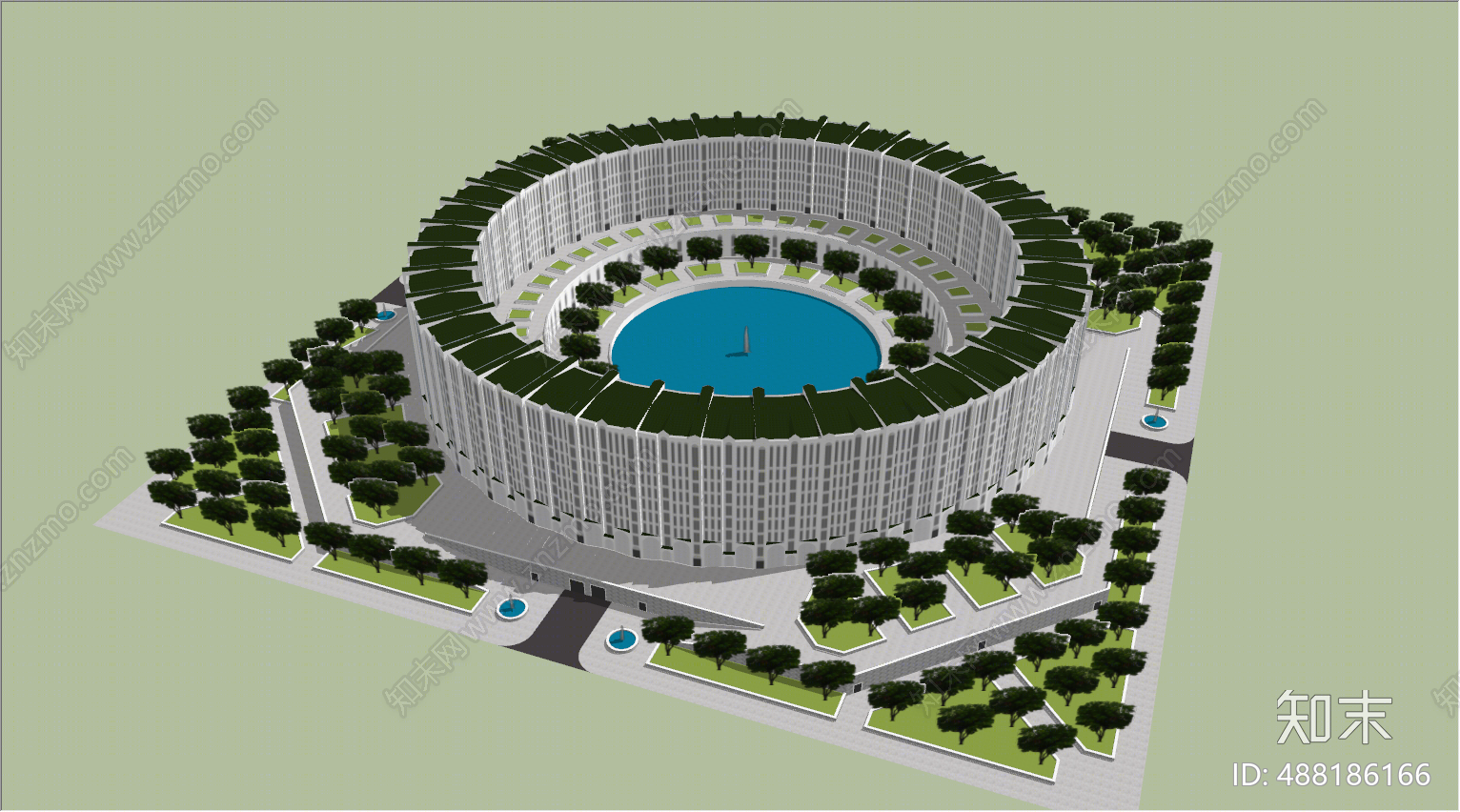 现代圆形商业多层办公楼SU模型下载【ID:488186166】