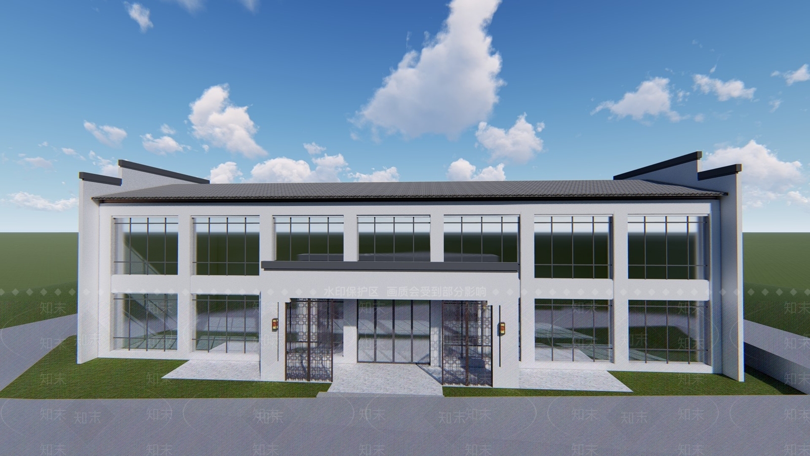 新中式公建外观SU模型下载【ID:388438481】