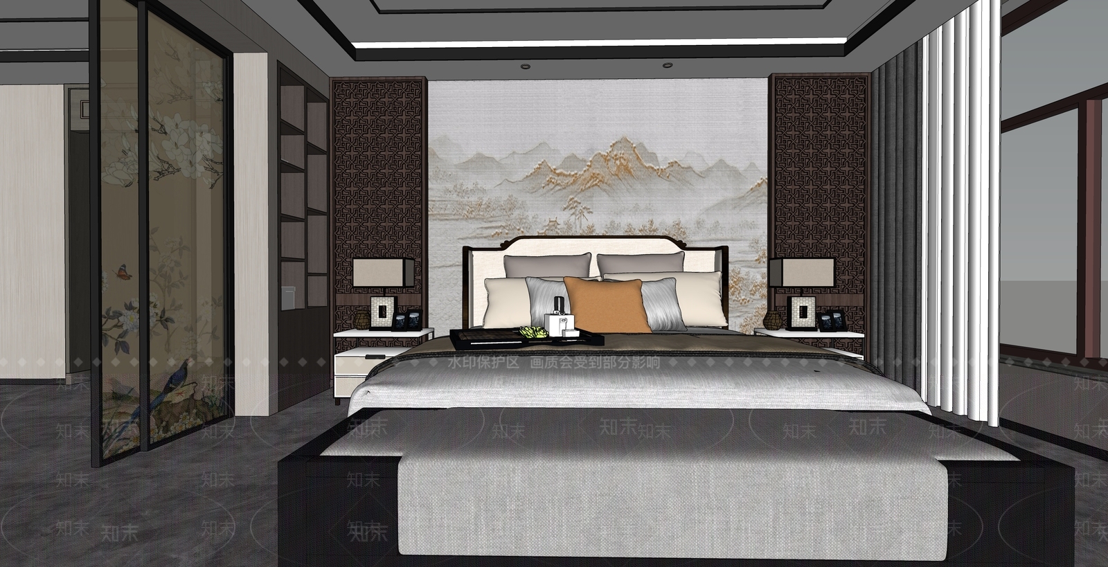 新中式家居卧室SU模型下载【ID:288597805】