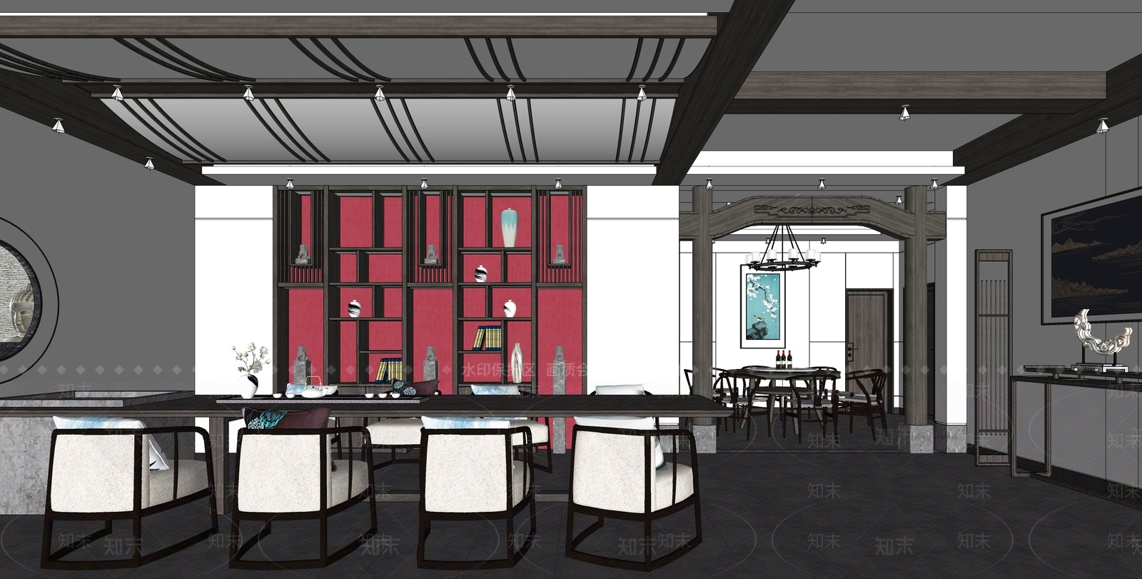 新中式茶会所SU模型下载【ID:588602974】
