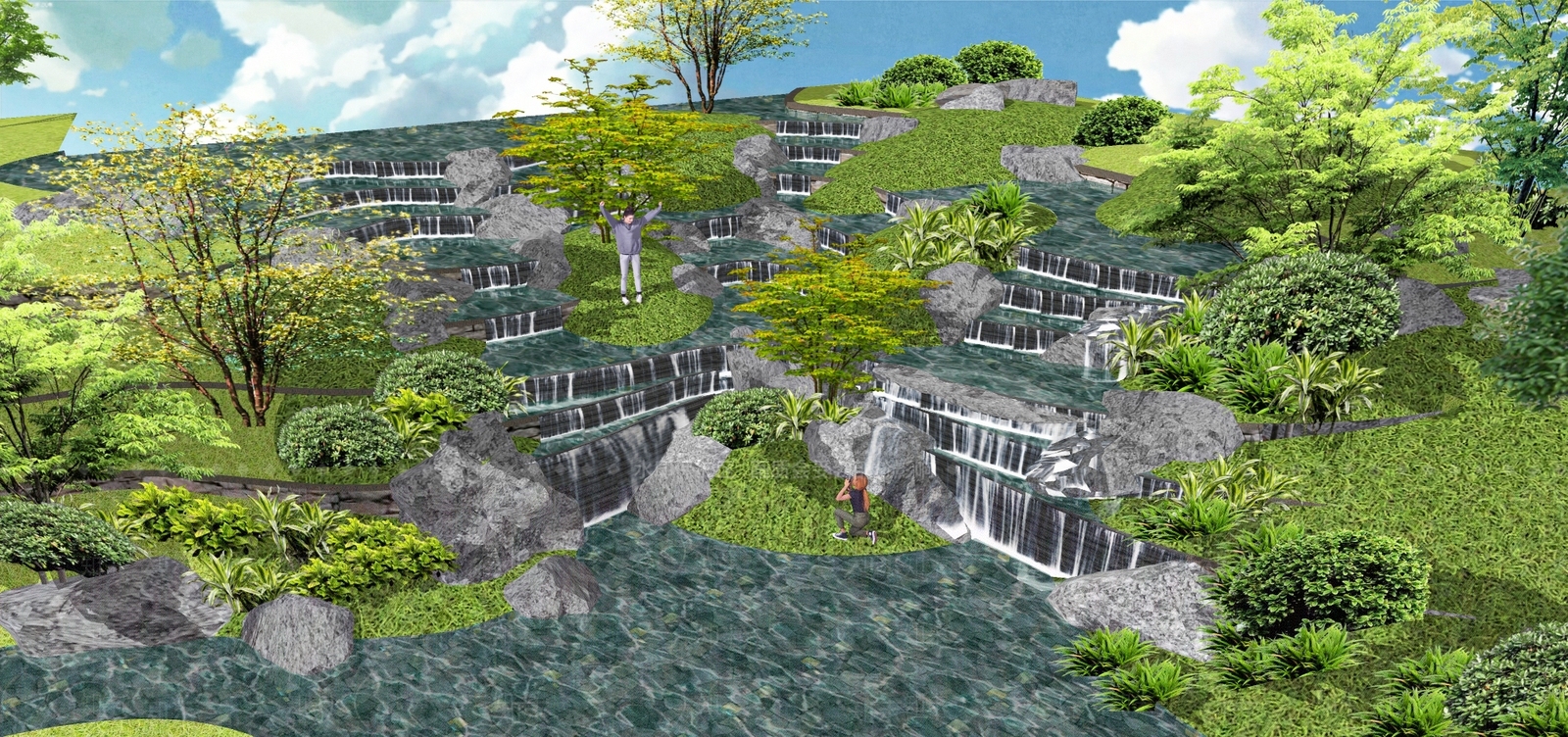 新中式叠水瀑布SU模型下载【ID:688755007】