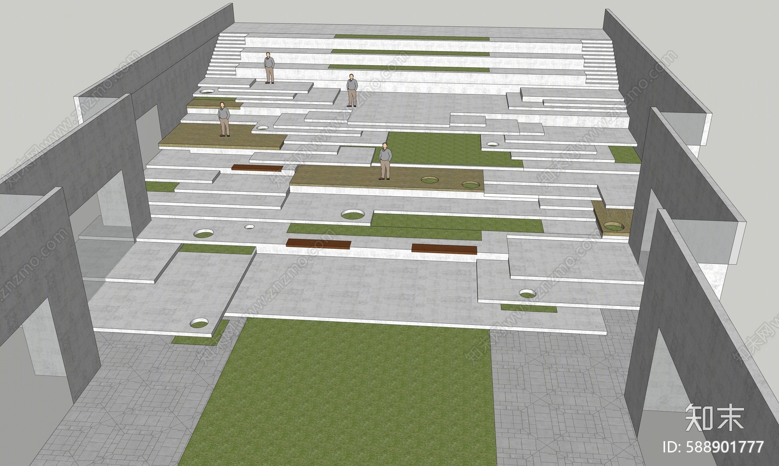 现代公园台地景观SU模型下载【ID:588901777】