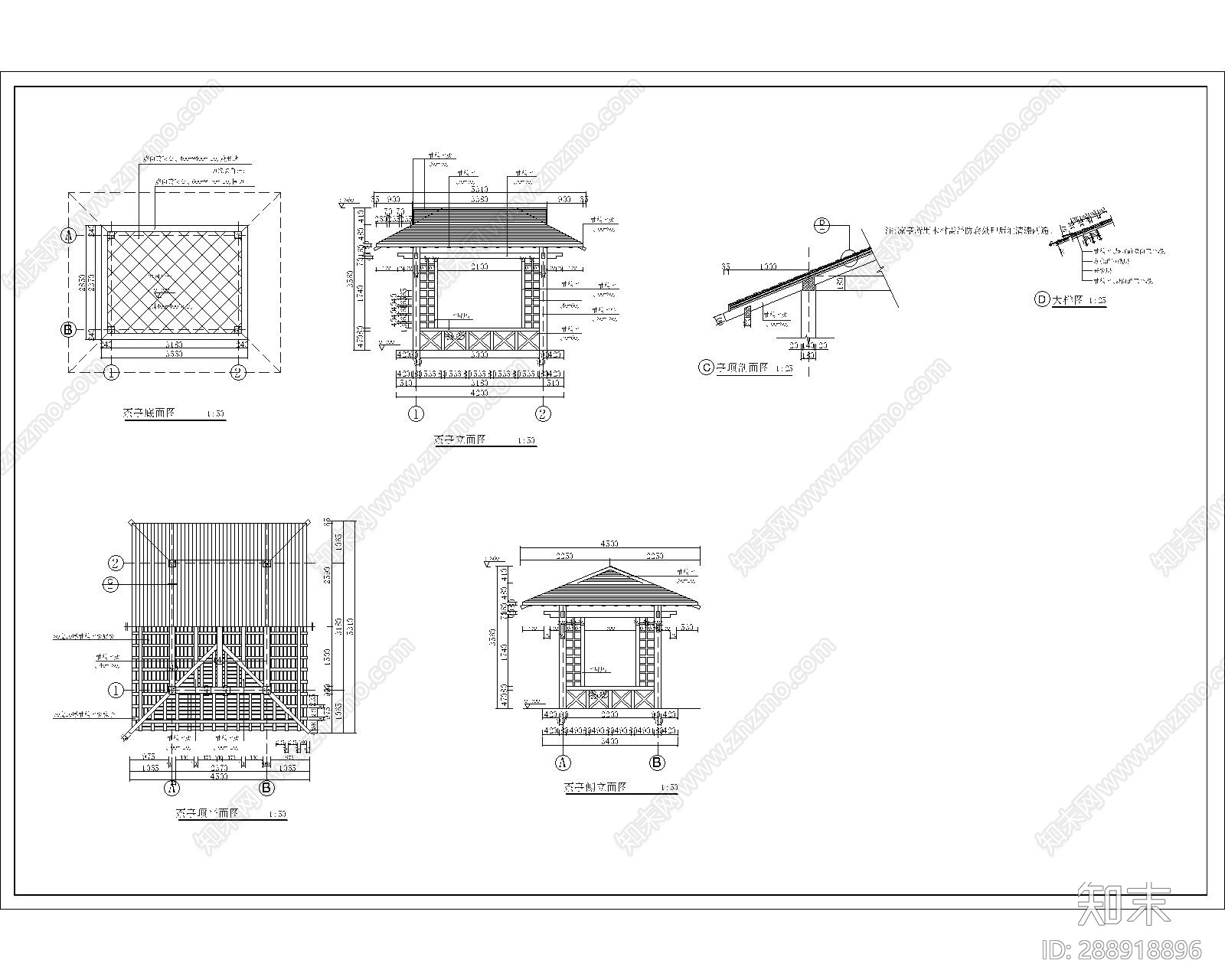 现代亭子cad施工图下载【ID:288918896】