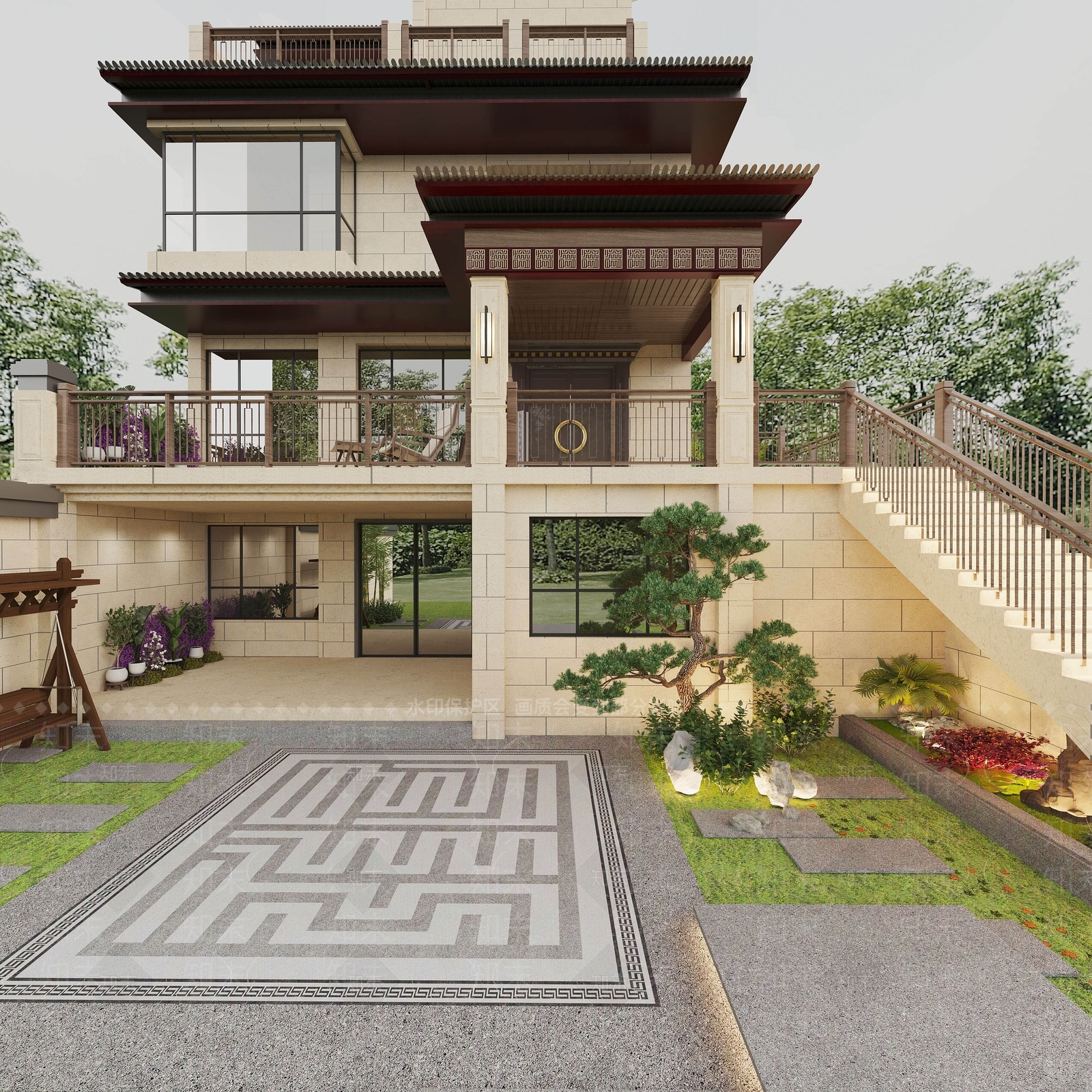 新中式别墅3D模型下载【ID:988941826】