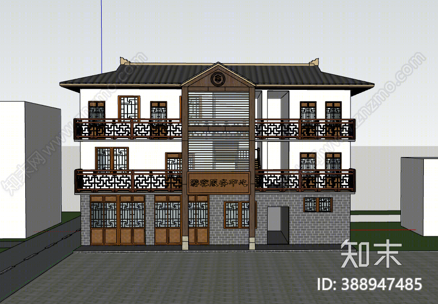 新中式游客中心SU模型下载【ID:388947485】