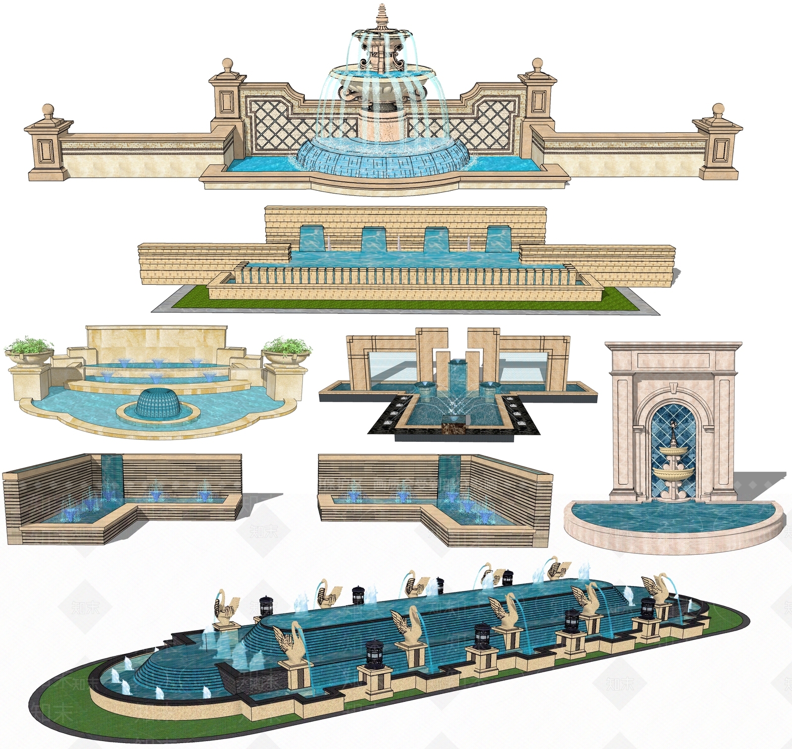 欧式水景SU模型下载【ID:989213900】
