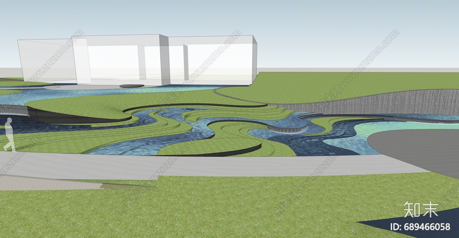现代滨水景观SU模型下载【ID:689466058】