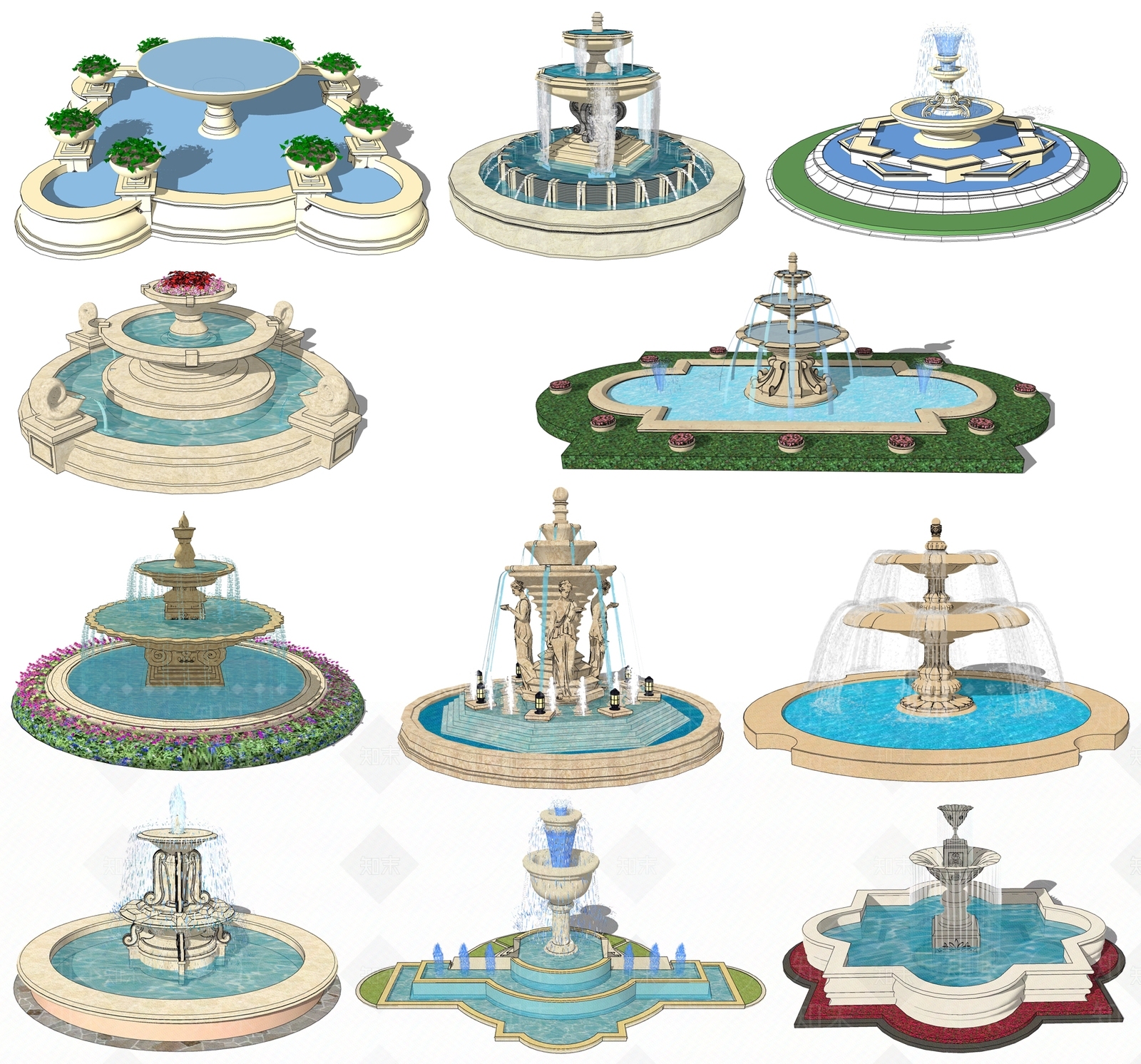 欧式水钵水景SU模型下载【ID:989490987】