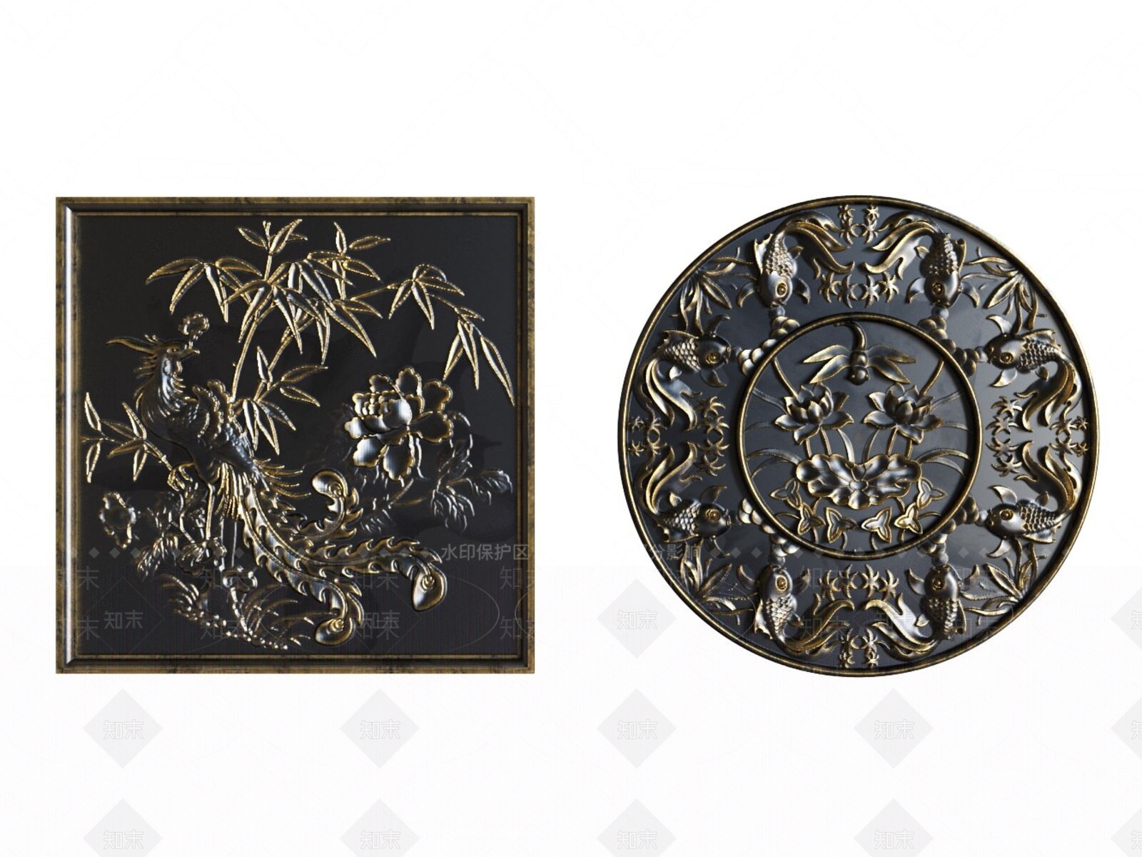 新中式浮雕墙饰3D模型下载【ID:389586812】