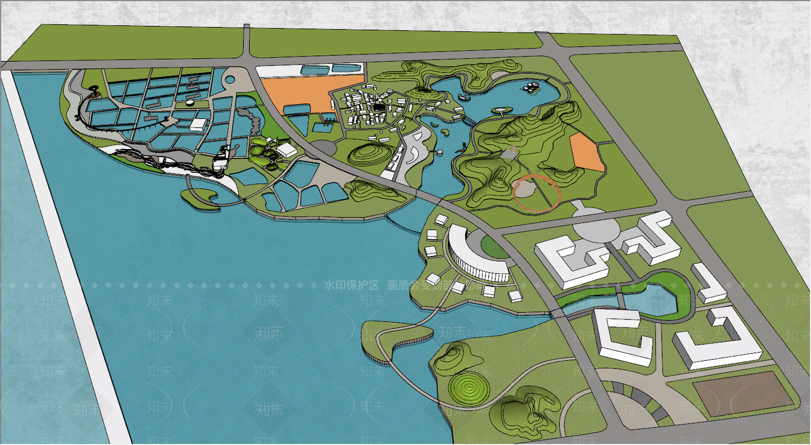 现代滨水景观规划设计SU模型下载【ID:689605062】